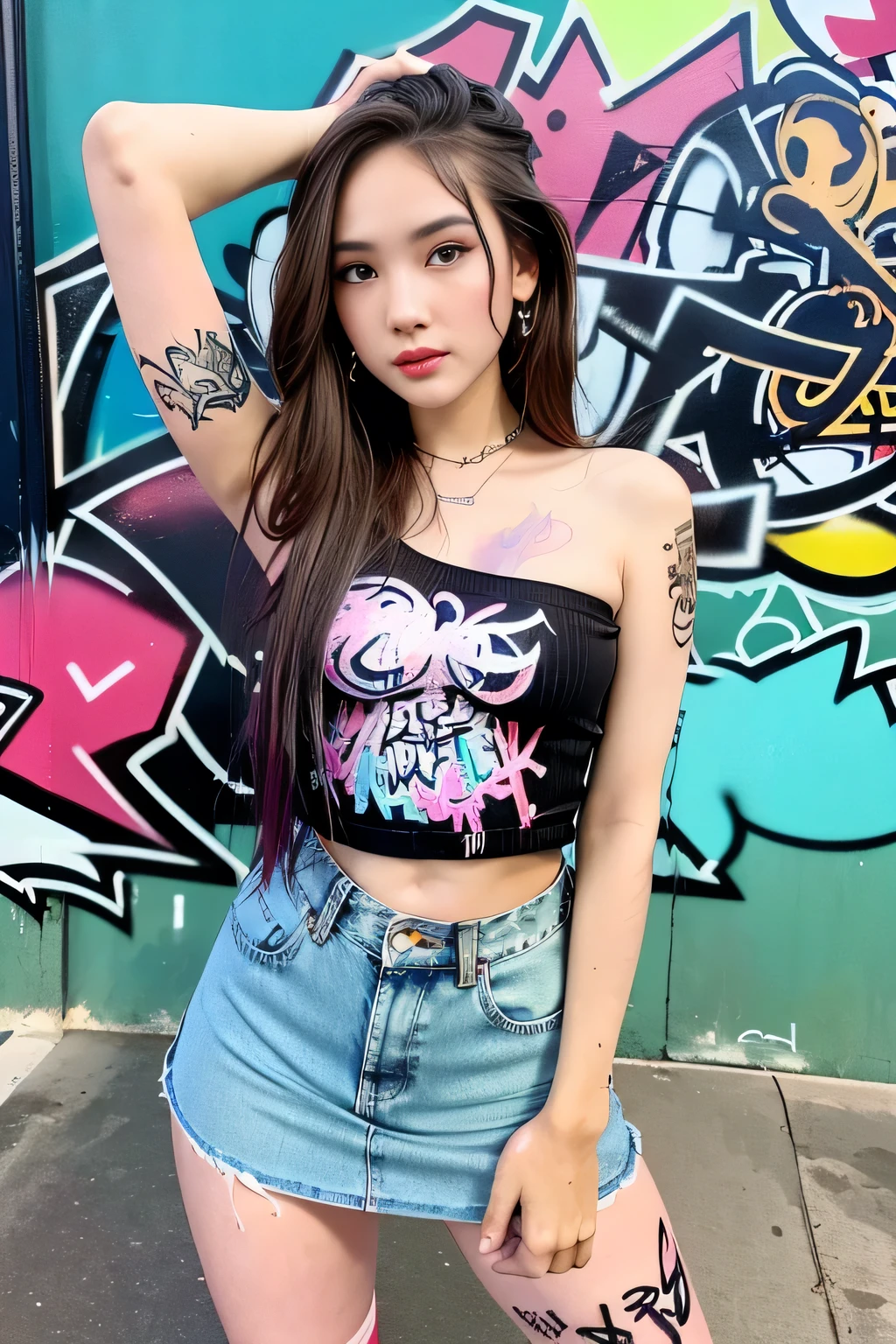 (highest image quality), (masterpiece), (vibrant, photography realistic, Realistic, Dramatic, Dark, Sharp focus, 8K), Full color drawing of korean girl hip-hop, hip-hop, hip-hop, hip-hop, miniskirt jeans, rapping (((graffiti art))), in a sea background, crazy details, intricate details, hyper details , Low Contrast, Cinematic Soft Light, Exposure Blend, HDR, Front (1girl), bare legs, bare shoulder, (colorful hair), music, white skin, sexy, luxury, model pose , (detailed face, lip, nose, rouge, eyeshadow, lipstick, gorgeous face), thigh high skirt, (all body), (all body get tattoo:1.2), pink sneaker, nice body, open legs, ((detailed face))
