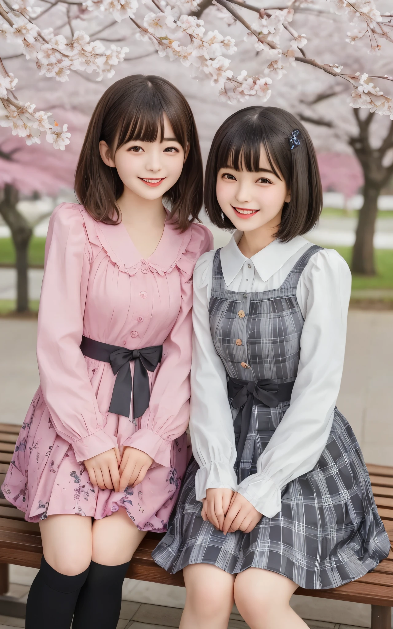 ((Best Quality)), ((masterpiece)), realistic images 、Realistic image page of 、Very bright expression、big smiles、 Japanese girl、 eye area kneeling apart from the front 、small、 Looks like 、two girls、、medium bob hair、 black hair with a young pattern、 slim、 body、real face、small、ta fashion clothes、 long sleeve、chest doesn't swell、、 don't emphasize your chest、thin body、Of the cherry tree、background、cherry blossoms in full bloom、Two people sitting on a bench、I'm eating a snack。 looks very happy、