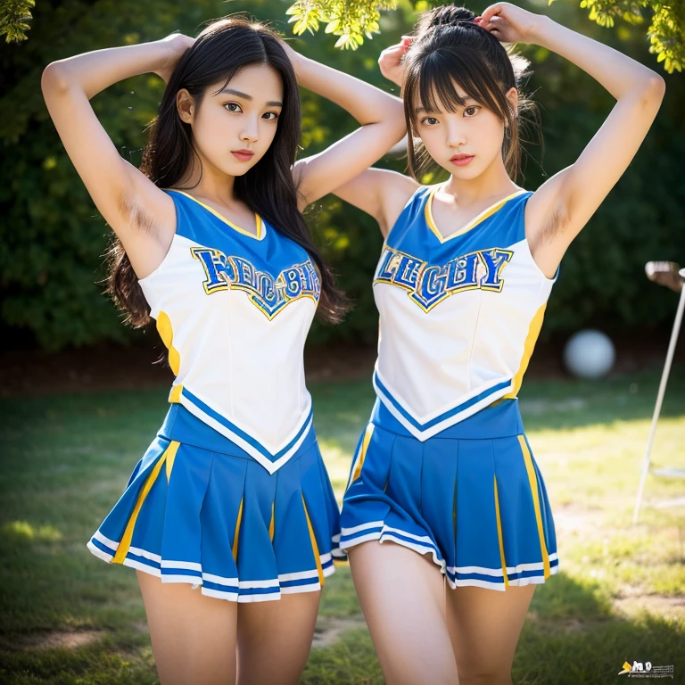 Pure young Japanese cheerleader girl, wearing cheerleader uniforms, sneakers, natural makeup, natural ponytail, sweet smile, sexual attractive, sweet temptation, sitting and relaxing, lift up skirt, spread wide legs, panty, professional portrait photography, dazzling summer sunlight, 