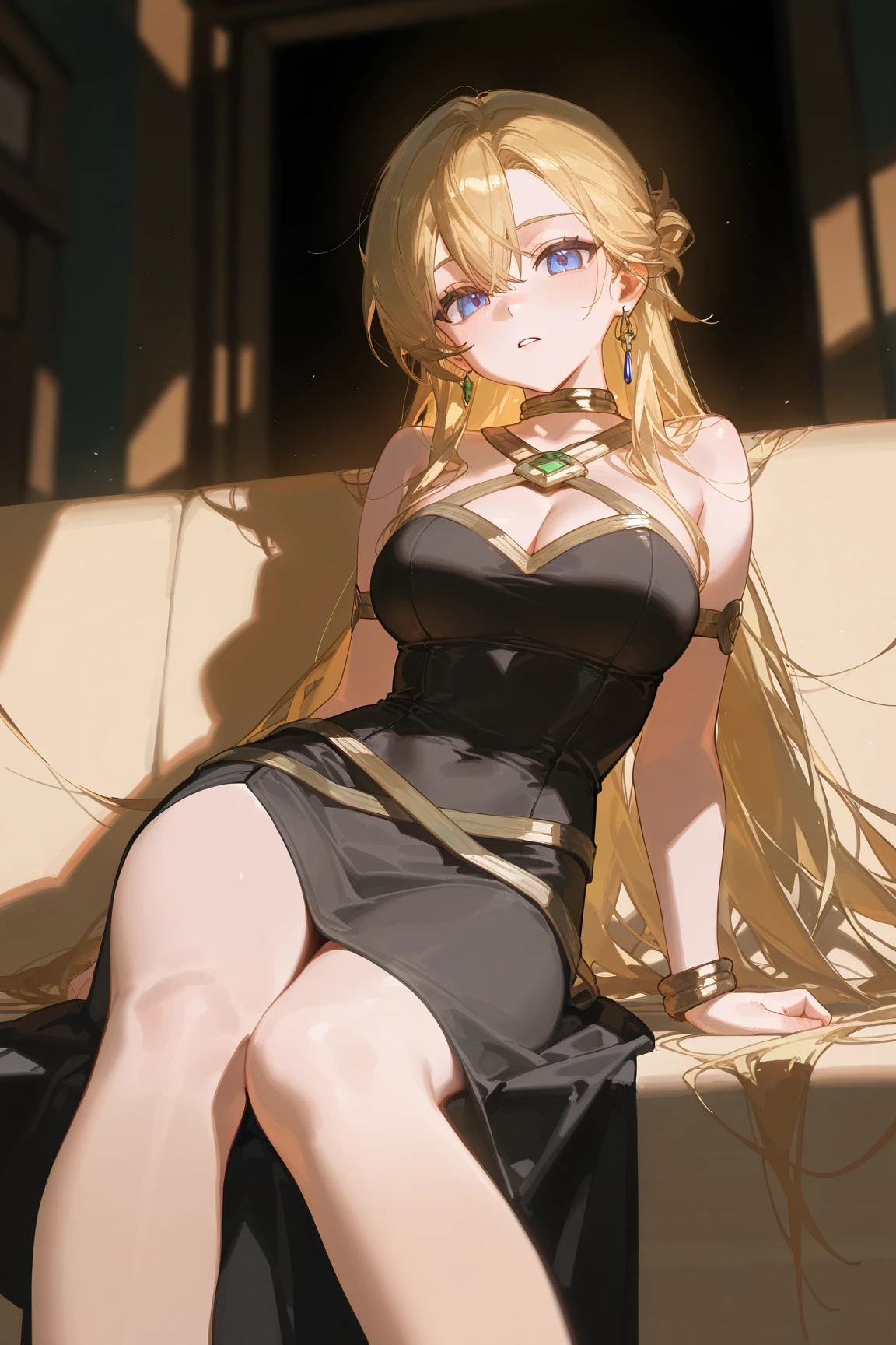 (masterpiece)、(absurdres)、(ultra detailed)、(8k)、solo woman:1.1、big breast:0.9,french braid、yellow long hair:1.1、green eye、hair between eyes、from behind,BREAK,(Emerald-green maxi dress),BREAK,happy,Starry Sky、nebula、Balcony with a medieval view、