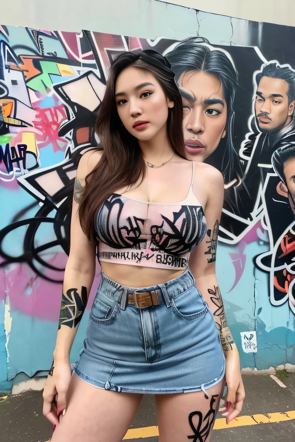 (highest image quality), (masterpiece), (vibrant, photography realistic, Realistic, Dramatic, Dark, Sharp focus, 8K), Full color drawing of korean girl hip-hop, hip-hop, hip-hop, hip-hop, miniskirt jeans, rapping (((graffiti art))), in a sea background, crazy details, intricate details, hyper details , Low Contrast, Cinematic Soft Light, Exposure Blend, HDR, Front (1girl), bare legs, bare shoulder, (colorful hair), music, white skin, sexy, luxury, model pose , (detailed face, lip, nose, rouge, eyeshadow, lipstick, gorgeous face), thigh high skirt, (all body), (all body get tattoo:1.2), pink sneaker, nice body, open legs, ((detailed face))