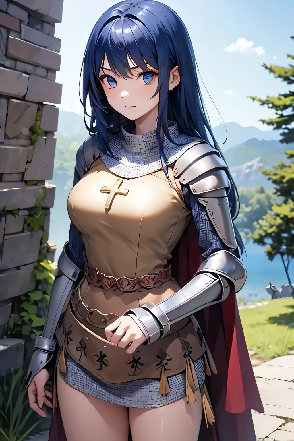 1girl, long hair, blue hair, blue eyes, masterpiece,best quality,amazing quality,(masterpiece),scenery,ragnarokknight, armor, breastplate, cross, pauldrons, cape, gauntlets, chainmail