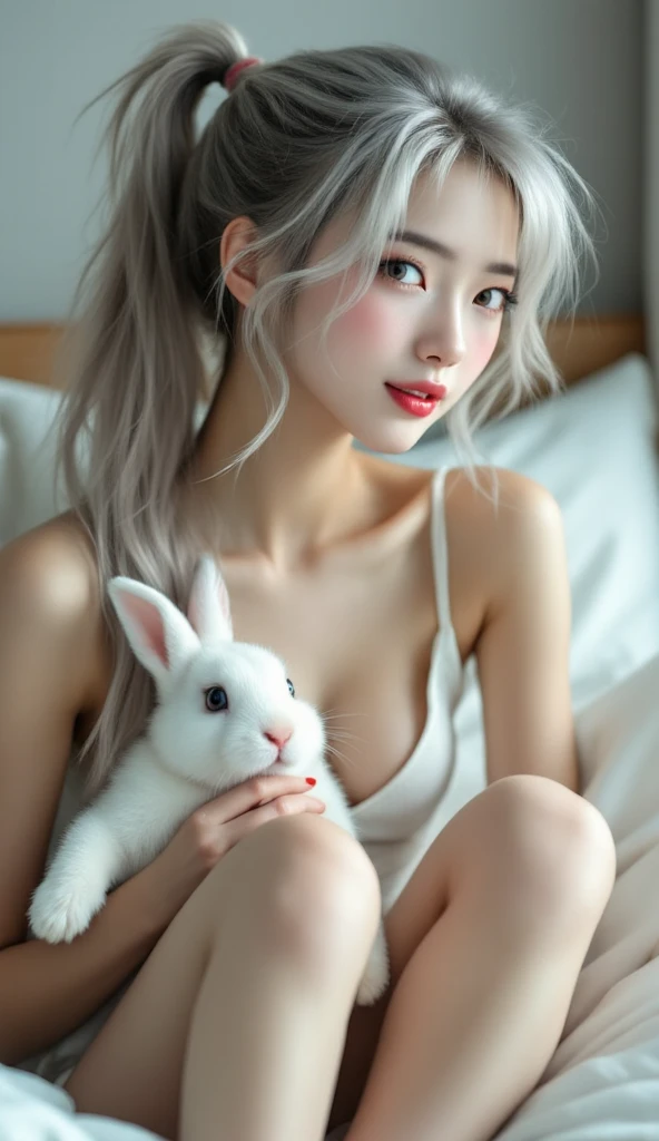 masterpiece, best quality, 1girl, White hair, red eyes, bunny head band, short hair,blush,solo,beauty,girl,photorealistic,(naked),standing,(no panty),slender,sexy pose
