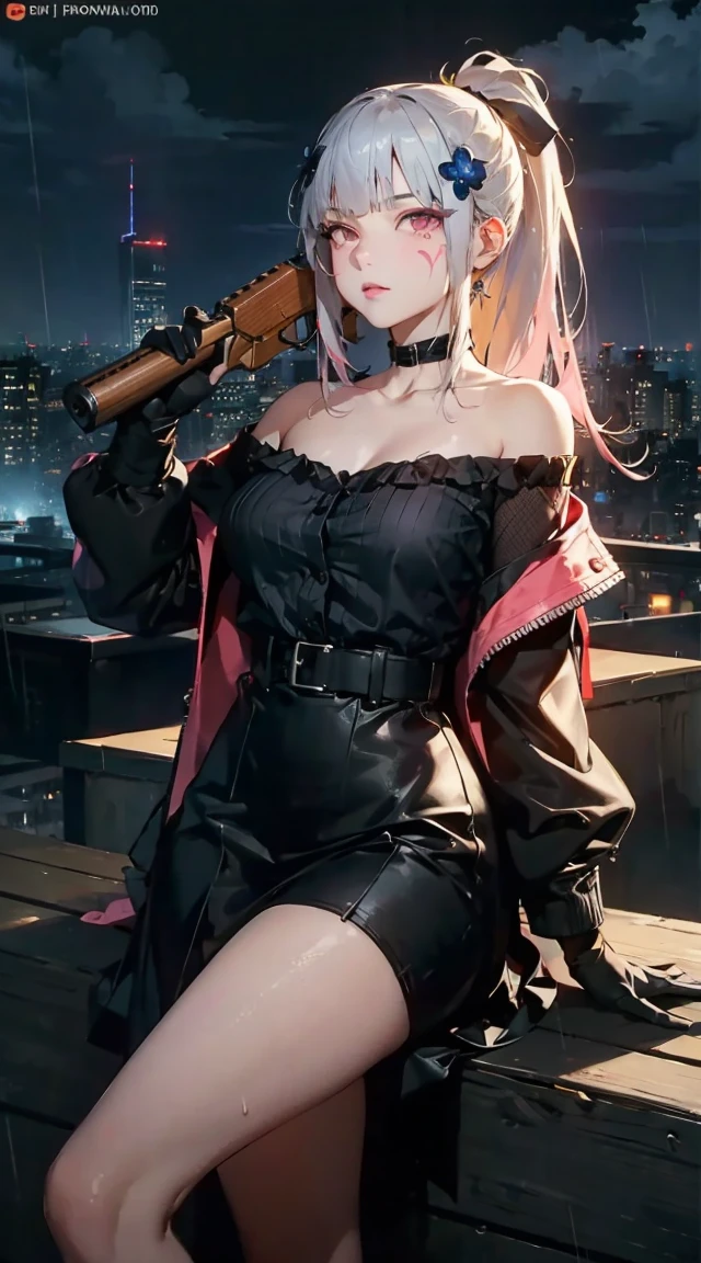 masutepiece,1girl in, Best Quality,cyberpunked,(Alternative、dim colors, Soothing tones:1.3),NSFW(1beautiful woman、Detailed beautiful facial features、Medium bob、blue eyess、slenderbody:1.3)(well-shaped small breasts、cleavage of the breast、Slit skirt、Ripped clothes:1.5).Cyber City Destroyed、(Sitting on a train chair:1.8)（Inside a broken train、Japan sword is placed、deep in the night、I can see the red moon from the window:1.5）