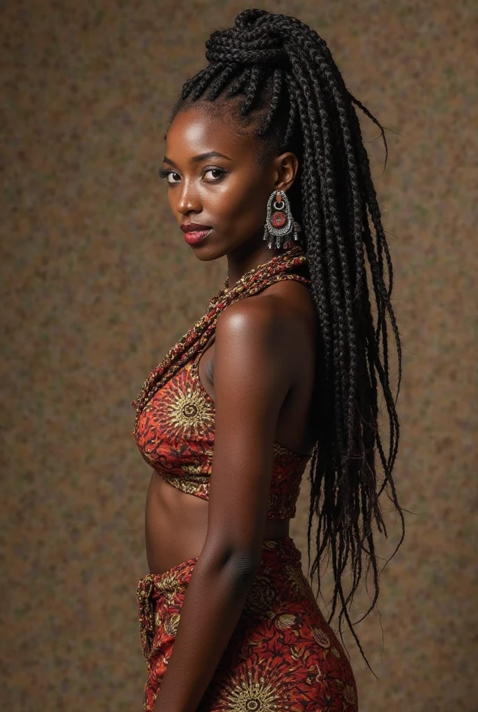 modelshoot style, (extremely detailed 8k wallpaper, Ultrarealistic:1.3), 1girl, a medium shot photo of a (beautiful 20 years old female warrior of Equatorial Guinean origin with a (extremely detailed very long hair with an intricate hairstyle:1.3)), Intricate, High Detail, dramatic, photo realistic, HDR, UHD, photography, subsurface scattering, (depth of field:0.3), (full body shot:1.3), full-length portrait, fantasy setting, village background