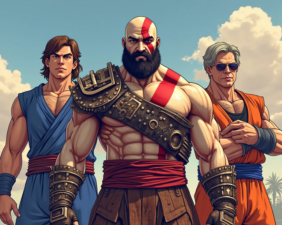 Stars are muscular, wearing judo outfits, fierce.