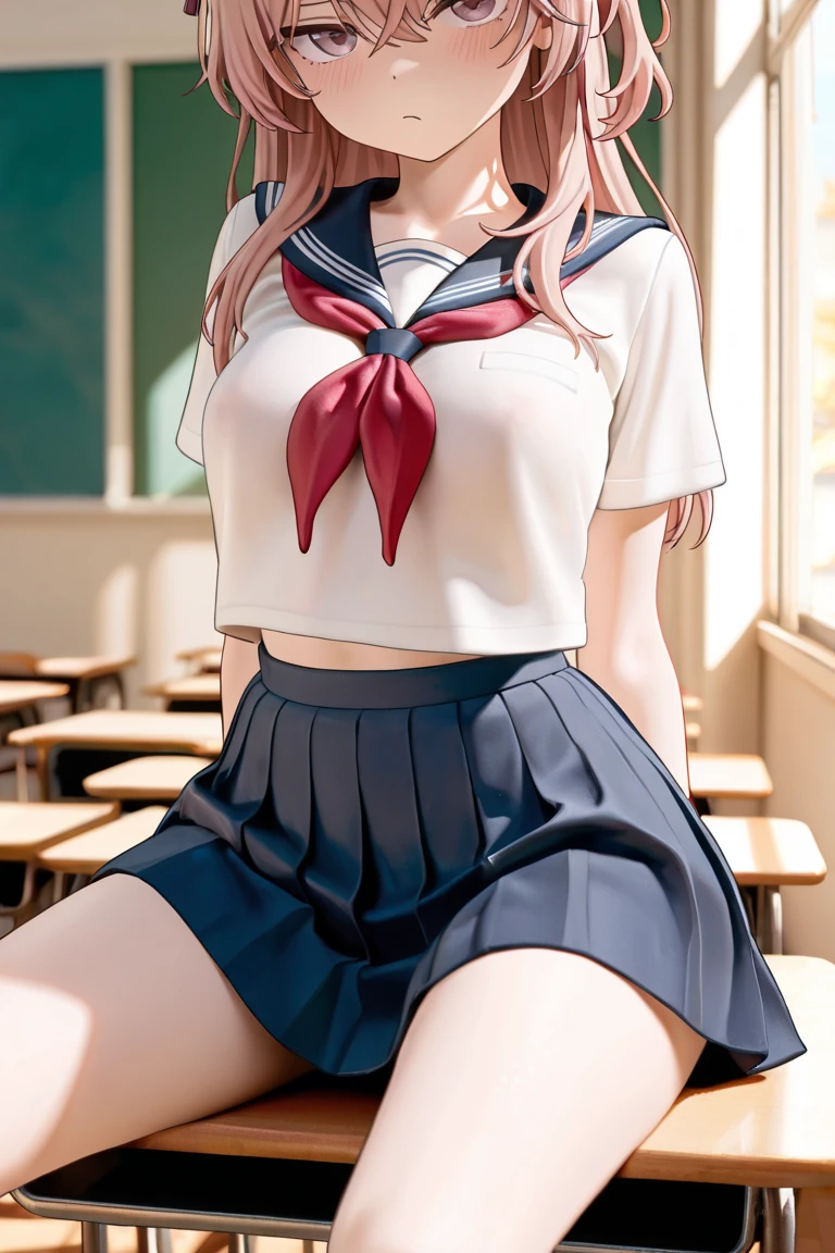 (masterpiece, highest quality:1.2), bazett, FGO, One girl, alone, short hair, Redhead, bangs, Red eyes、blush、smile、Normal beautiful breasts, Earrings, (Sailor suit、mini skirt)、classroom、Sit on a chair、((Legs apart))、((Skirt lifted、Cute white panties、Panty shot))