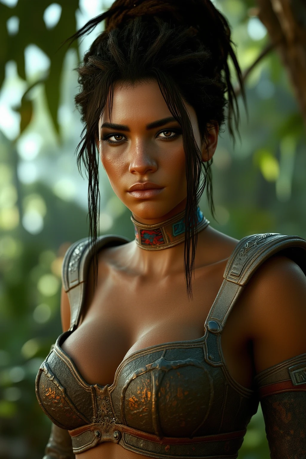(RAW photo), (Realistic), (photo-realistic), ultra high resolution, masterpiece, highest quality, portrait, facial portrait, perfect lighting, detailed lighting, dramatic shadow, ray tracing, 1 slave girl, ((alone)), 15 years old, perfect anatomy, Voluptuous, cleavage, symmetrical eyes, beautiful detailed green eyes, big thick thighs, abs, muscle, (((cute face))), short messy hair, black hair, the high noon view of the ancient Rome Arena background, ((wearing a ancient slave costume)), ((girl kneeling beside)), looking at viewer,