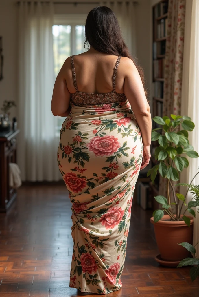 high quality,8K,high resolution, house wife pov from behind,1 personality,tall,realistic texture,Much Muchi,cute smile,one hand on back hip,(Plump body 8),(beautiful princess Cinderella, green long frock)(cotton or silk designe),(Cinderella frock)(Muchimuchi body 8),(luxury bedroom window or bed scenery),colorful, beautiful Ruby detailed crown headwear 