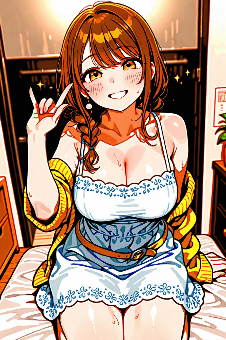 White slip dress，Bedrooms，Kneel on the bed， One guy，Body fit perspective,Curvy, Athletic figure, Nami, orange long hair, Brown eyes, view the viewer, Shy, Smiling，Blushlush，Be red in the face，perspire，diferentes poses，nose blush
