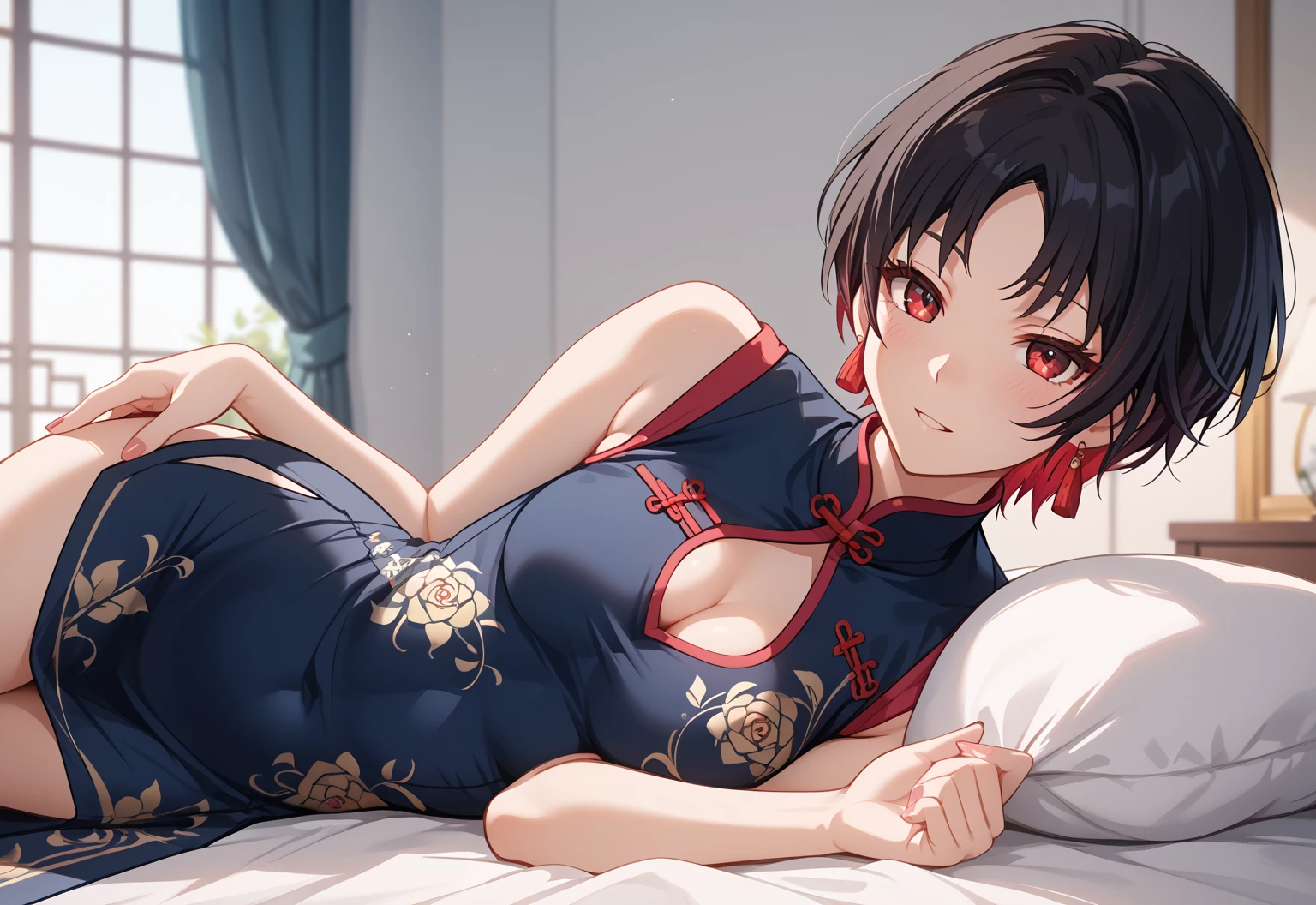 (highest quality, High resolution, perfect pixel, Depth of the bounds written, 4k, beautiful anime girl),  
looking at the viewer, 
perfect body,  

sntm, 1girl, alternate hairstyle, double bun, large breasts, short hair, 

(blush:1.2), 
(red china dress), 
in bedroom, 

hands on breast, lying on bed, spread legs, from above, 