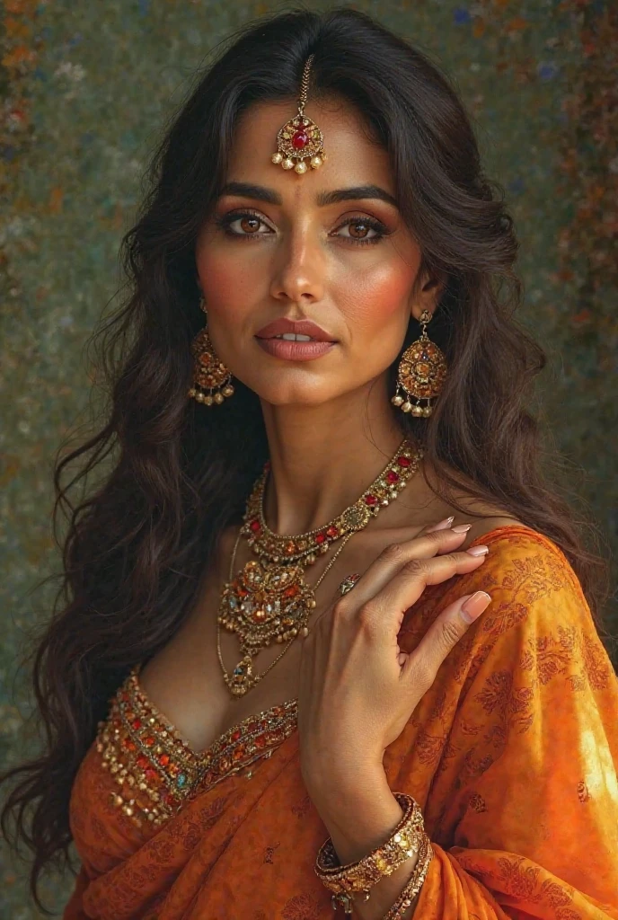 A beautiful Moroccan girl, brown dark eyes, 26 years old, olhos amendoados, oval face shape, Wavy hair, 170cm, 65kg, high-detailed face, Detailed texture skin, elegant poses, colorful moroccan dress, gold jewelry, natural lighting, dramatic shadows, Warm Color Palette, portraite, realisitic, photorealisitic, 8k, work of art