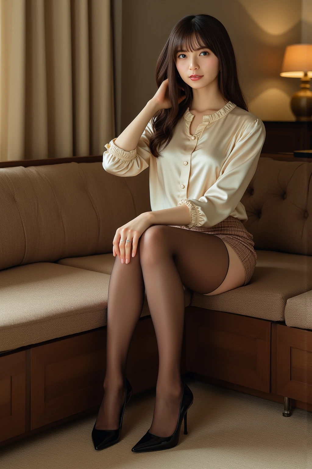 one-girl,Sit on a comfortable sofa,Cross ed leg,Soft light,wearing silk stockings,Wear a shirt ,Wear high heels,