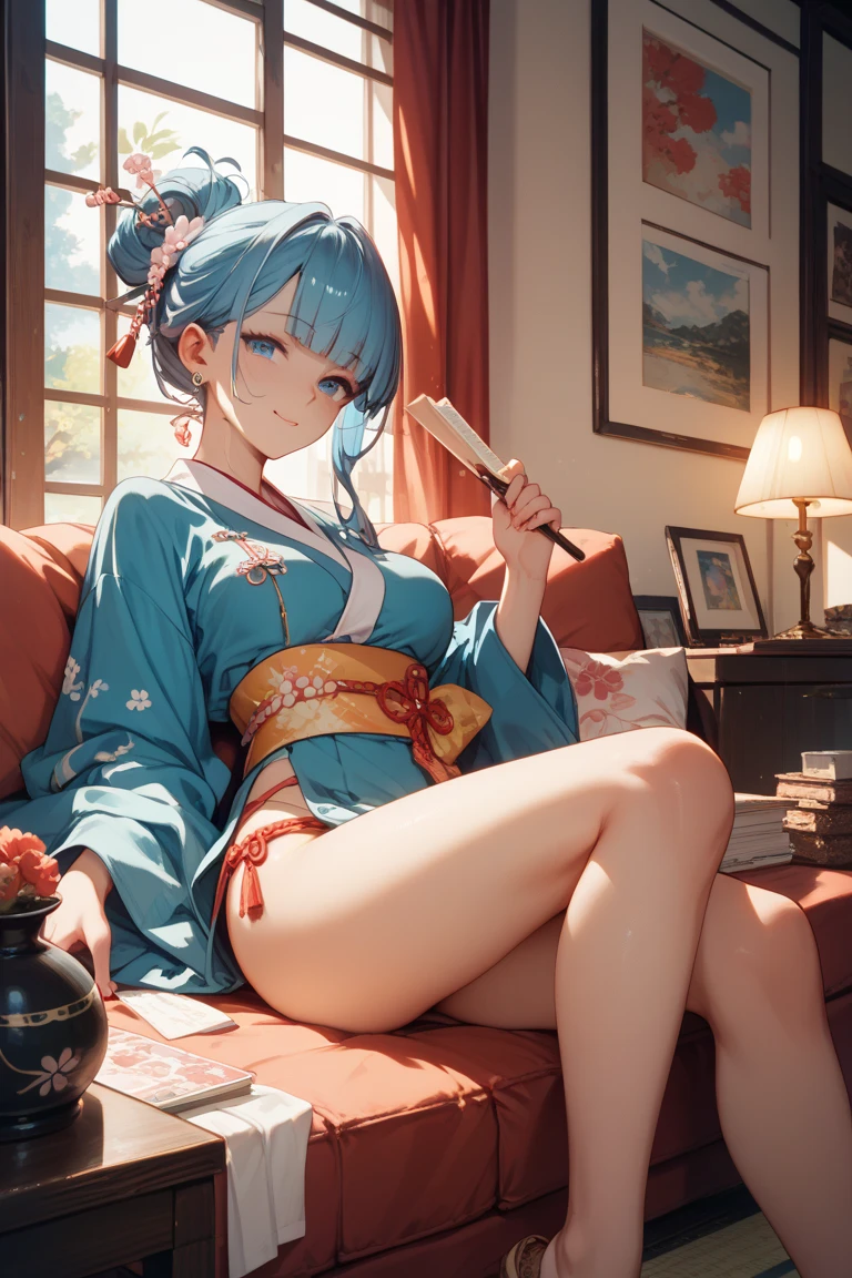hoshimachi suisei,blue eyes,blue hair,choker,hair between eyes,medium hair,side ponytail,スターchoker,1 girl,highest quality, High resolution,(thin and beautiful eyes:1.6),(perfect hands, perfect anatomy),(((masterpiece))),((highest quality)),shyness,troubled face,blush,whole body,prostitute,kimono,cleavage,,nipple,thin waist,lying down,spread legs,streaks,indoor,Japanese room at night