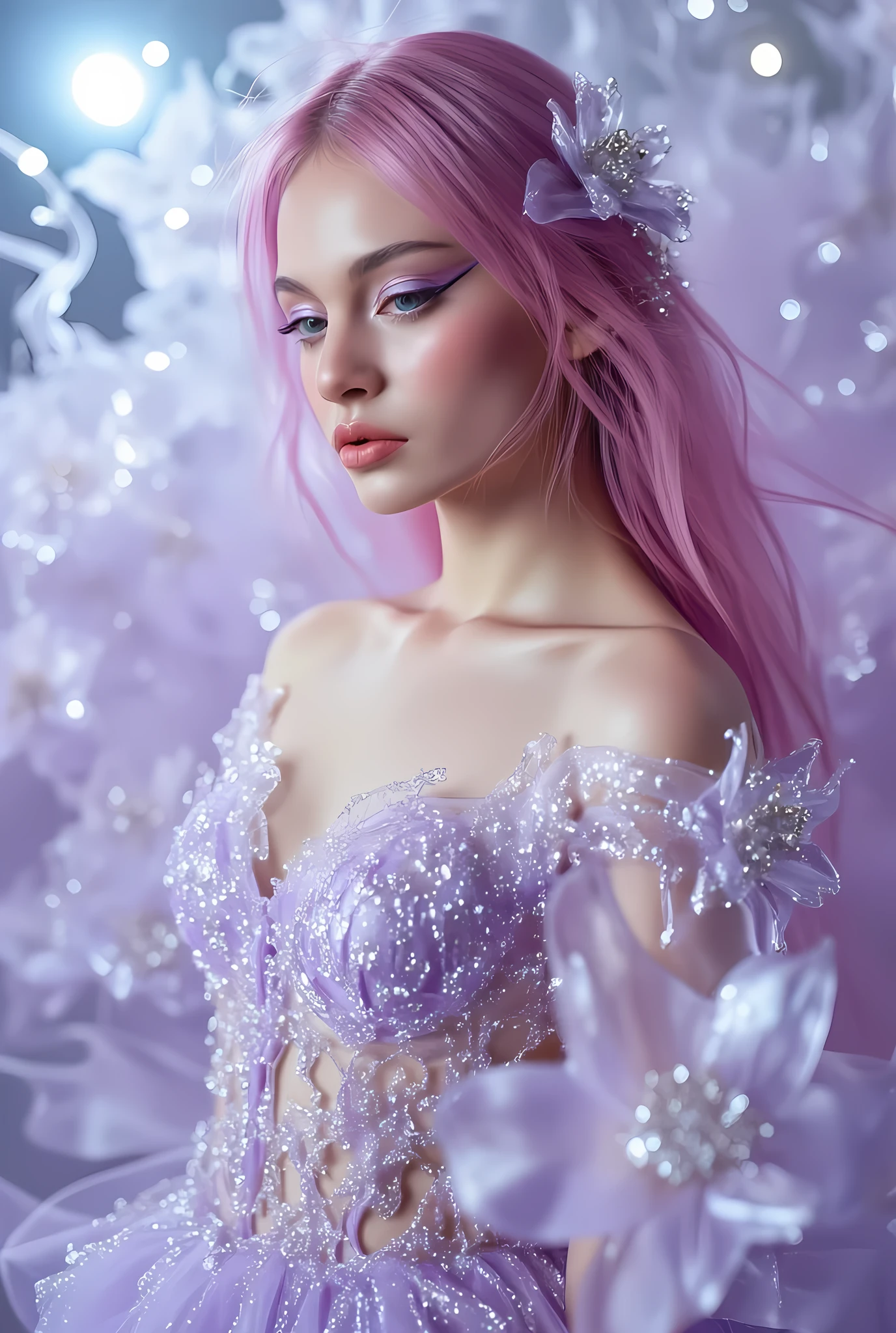 This photo shows a girl with very long soft pink hair, she is wearing a metallic crystal dress of soft purple color, transparent crystal flowers are growing, a stunning plot for a fantastic picture, high quality and clear proportions of the face and body, gentle photo HD, 16K