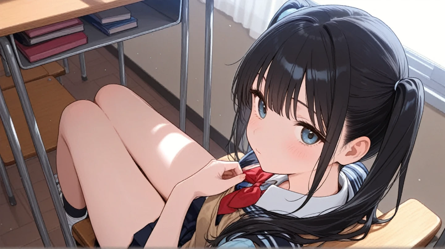 by himitsu \(hi mi tsu 2\), 1girl, solo, barefoot, skirt, long hair, sitting, black hair, shirt, indoors, white shirt, blue skirt, wariza, feet, window, looking at viewer, toes, open mouth, short sleeves, hair ornament, ribbon, pleated skirt, sexually suggestive, legs, school uniform, bare legs, bottle, blush, holding, thighs, tongue, sky, bangs, full body