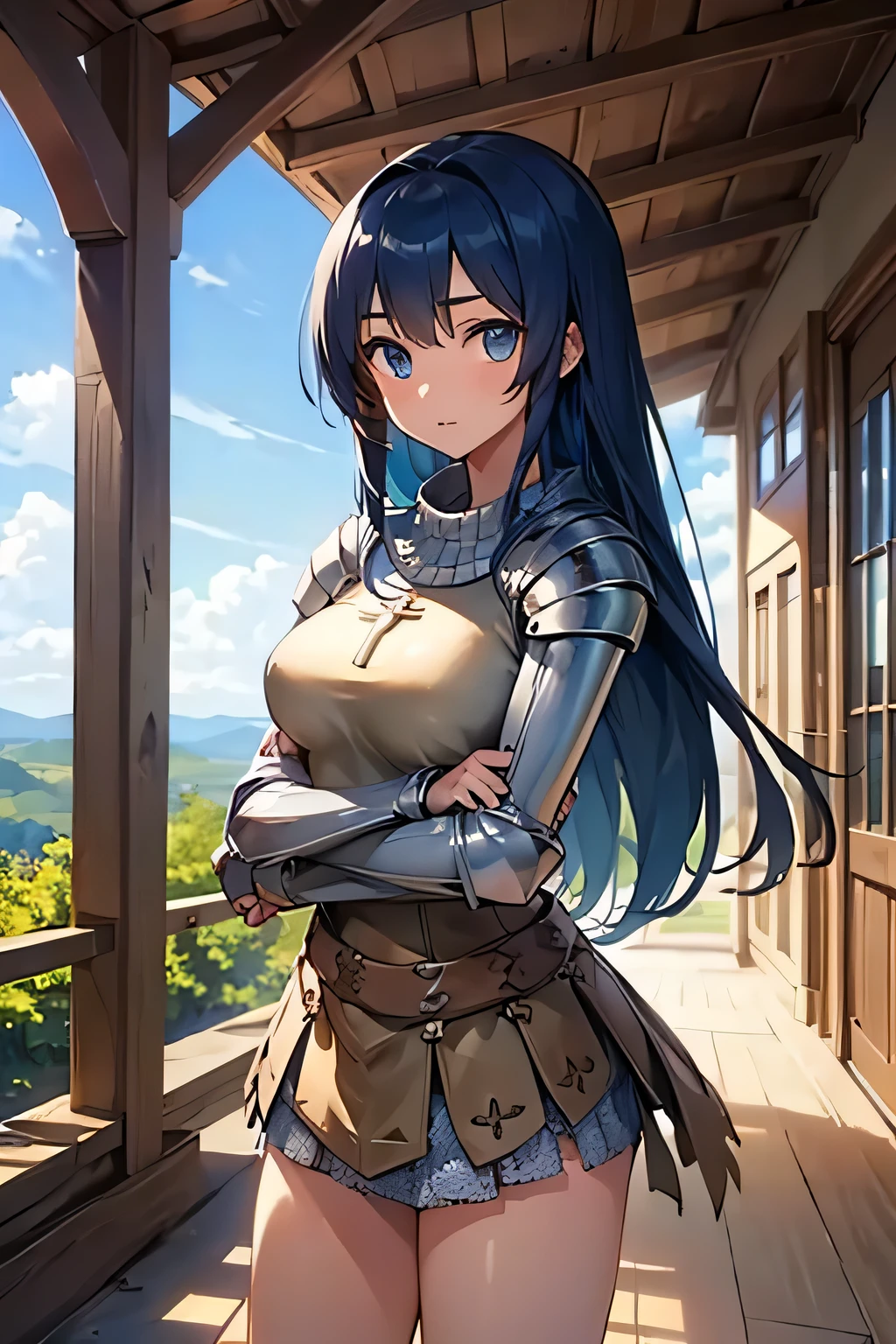 1girl, long hair, blue hair, blue eyes, masterpiece,best quality,amazing quality,(masterpiece),scenery,ragnarokknight, armor, breastplate, cross, pauldrons