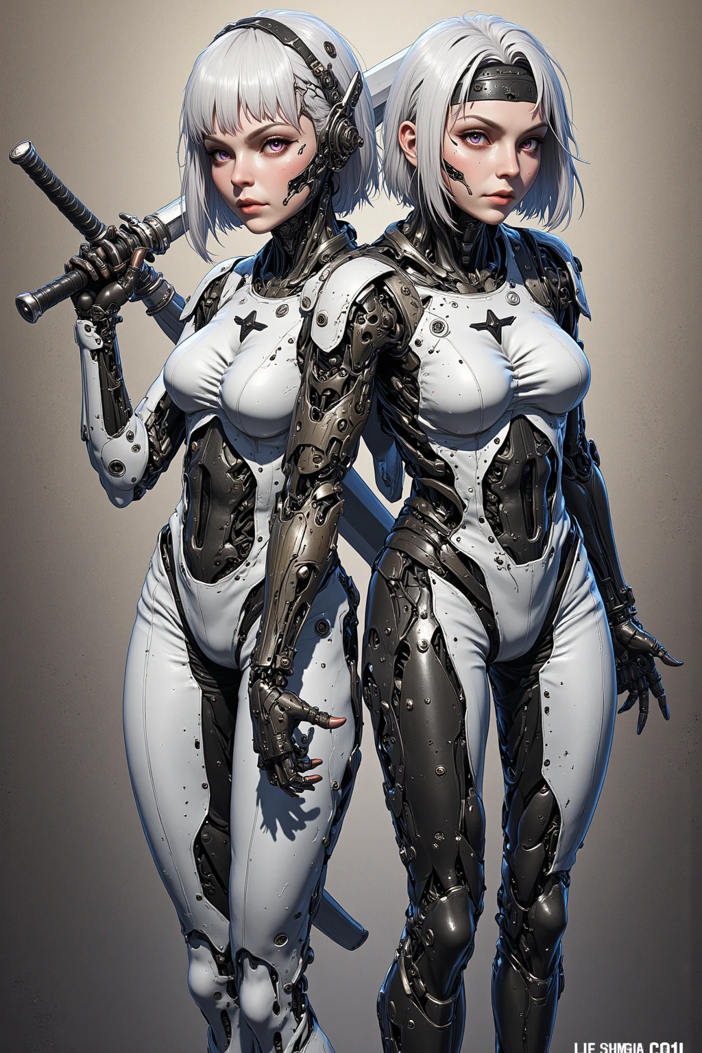 (((best final quality))), (((white bob hairstyle))), ssmile(((standing alone:1.2))),(((1 girl:1.2))),((((beautiful perfect woman)))),(((perfectbody detalhado, perfect finger detailed))),((((((final film poster)))))),(((to burst, close up))),((((detailed complicated machine)))),(((((mechanical genius))))),(((American comics))),(((extreme highlights))),(((extremely colorful, primary colours))),neckleace, super beautiful lady,(((Typography))),text, (Unbeatable masterpiece), (hiper HD),(CG 8k hyper-realistic), (((brave face))), (((breasts big))), (((hyper feminine))), (((musclegirl))), sexly girl, king of fighter,(straight hair with thin braids)), ((( sculptural body ))), (((1 girl))), garota de 25 anos com perfectbody,,Beautiful and well-groomed face,muscular body:1.2,solid color detailed jacket, (Head to thigh photos), Complex equipment, (((standing alone))), pirralha violent, (((14歳))), sexly, pose de atitude, work of art, post-apocalypse, (((manga style))), bounty hunter, violent, Manic, the way you want, slenderbody, thin but strong, perfectbody, roupa moderna, advanced technology, neon, sleeves with vertical striped pattern, intricate background, (( cowboy shot )). intricate visual