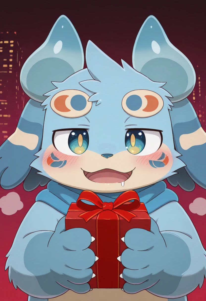 1boy, megemaru (kemogashima), nyalia, zuppu11, male focus, furry, cute, kemono, blushing, looking at viewer, steamy breath, drooling, holding gift, sci-fi theme, modern city background, masterpiece, best quality, 