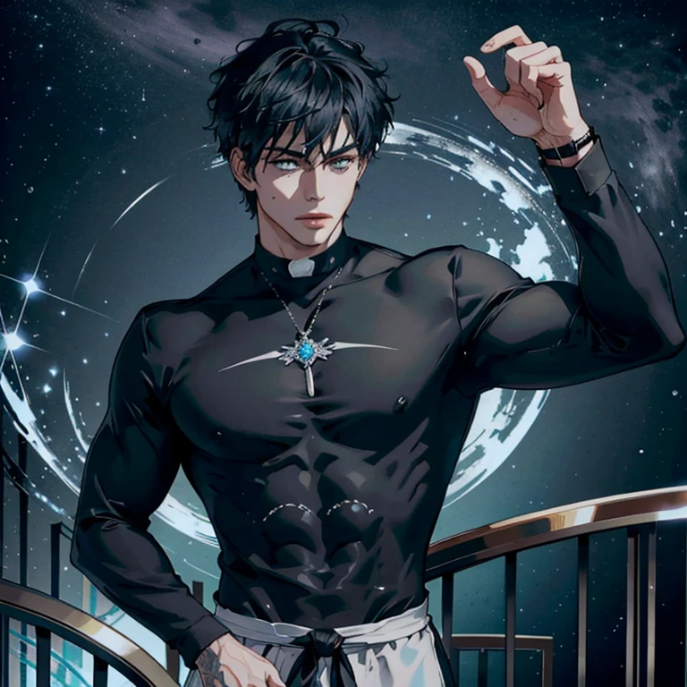 hombre guapoYoo Joonghyuk, 25 years old, ojos grises，Having a bracelet on your wrist，(Hay anillos de metal en los tobillos:0.8），chest muscle，oreja de bestia，Tatuajes trivales