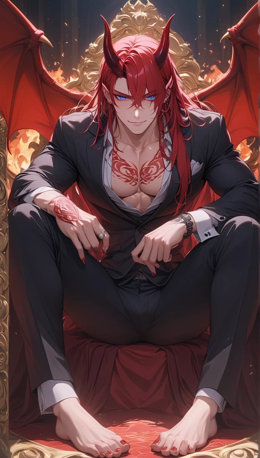 (8k,shipmentsrrealista　shipments　Maximum quality;1.4) (1 young boy) Super handsome king of the underworld　(lifelike face) 　(long red hair with black tips, bright black and red floral hair)　slenderbody　Muscular and hairy and macho　Bright red and black floral aristocratic costume with large red eyes　bright black and red floral decoration　Fangs peeking out of the mouth　Pointed claws　a seductive gaze　Beautiful expression　A hyper-realistic　(King of the Underworld)　appealing　(real looking skin)　super high resolution　high détail　Luxury Floral Trousers in Black and Red　red and black aura emanating from the body　effect　 without cover