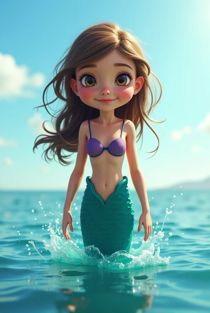 Light Black Mermaid, swimming, look fox eyes and black, dark brown 3D curly hair with light brown highlights, half below the shoulder, round face and visible cheeks, blue tail realistic photo