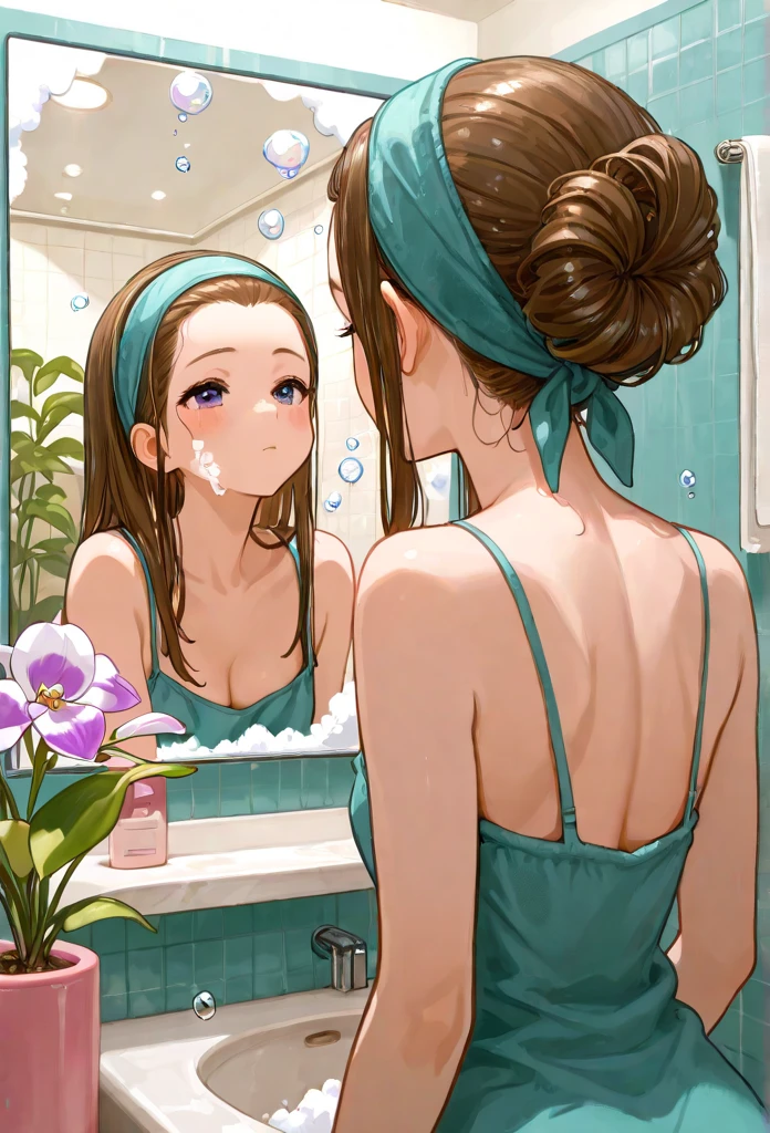(masterpiece, best quality), 1girl,   Cranberry Dutch Braid Ponytail, small breasts,  <lora:brushes_teeth_00_01:0.8> brushesteeth, holding, toothbrush, bathroom, mirror, sleepy, reflection