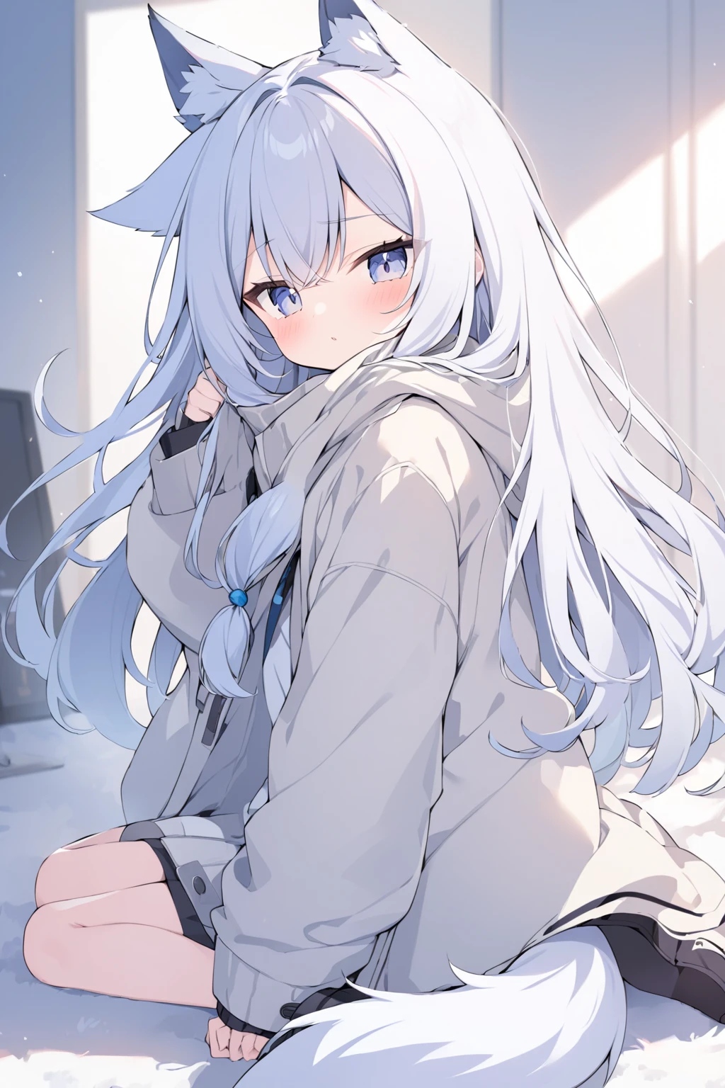 one girl、a bit、cute、mini、icon、gray hair、length、blue eyes、white sweater、masterpiece、best image quality、highest quality、black skirt、black tights、whole body、scarf、stinky eyes、shoulder-length