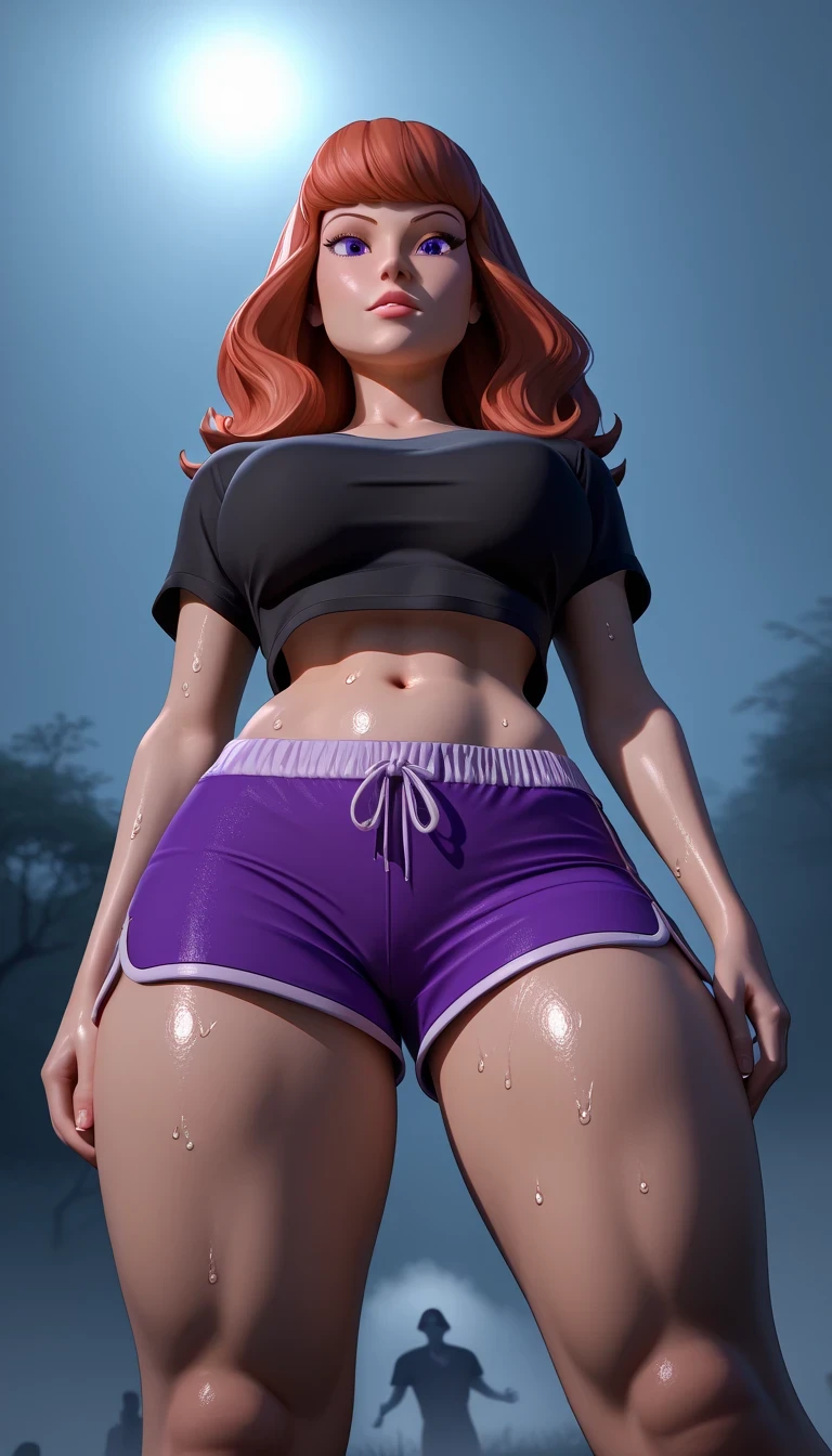 score_9, score_8_below,1 (Daphne Blake), long red hair (black top + blue dolphin shorts ), exposed legs , thick thighs , wet,focus only, low and front view,retrato de ângulo below, with cannabis theme ,in the cemetery, fog, nightlife ,colorful,3D, big breasts