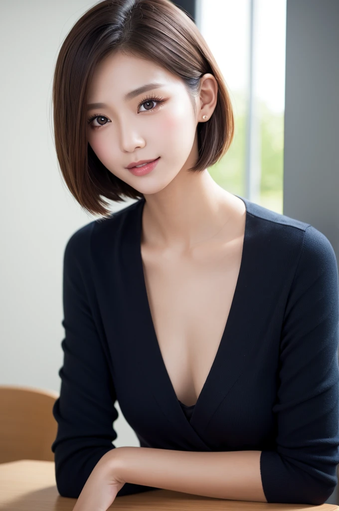 ((masterpiece))、((highest quality))、picture、reality、High level image quality、Advanced depth of field、super detailed、realistic lighting、married woman、30 generations、delicate features、short hair、Realistic background and accessories、big and full breasts、sexy smile、captivating gaze、sexy lips、restaurant、dinner、date、Facing each other across the table、Black sweater with wide cleavage、wide shot、