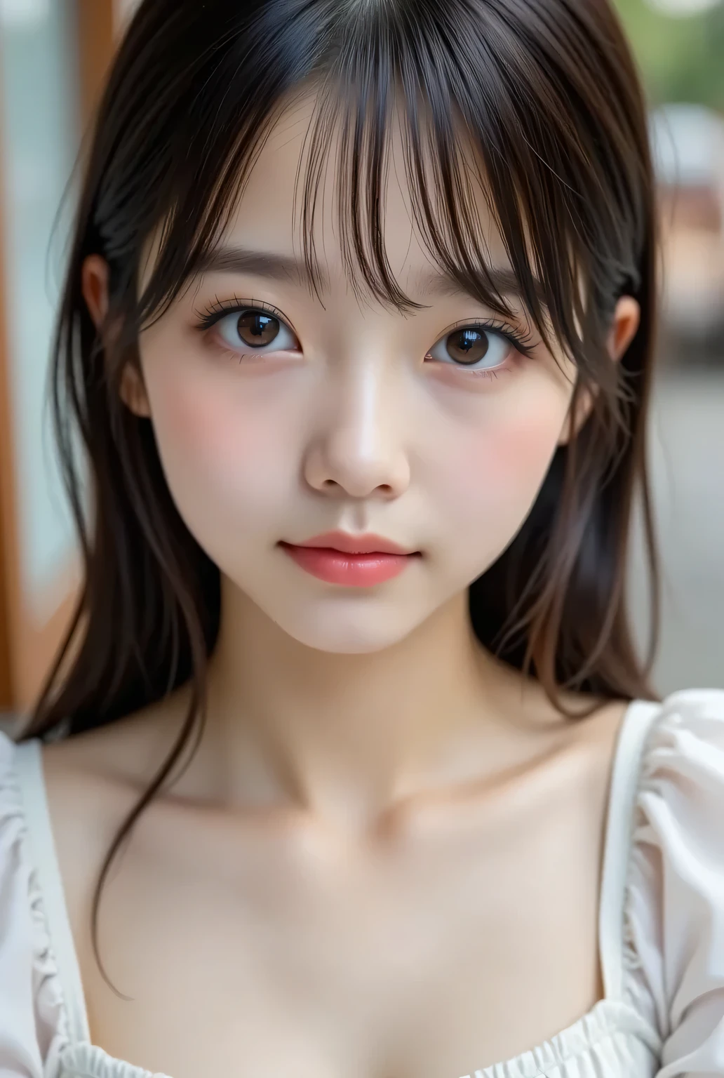 masterpiece , high quality, super detail, super high image quality, 8k,16k,32K, 最high quality , Detailed Faces, Detailed brown eyes, well-groomed eyebrows,18 year old girl,cute face, Bangs,straight hair,bangs ,Half Smile , Outdoors,Viewer