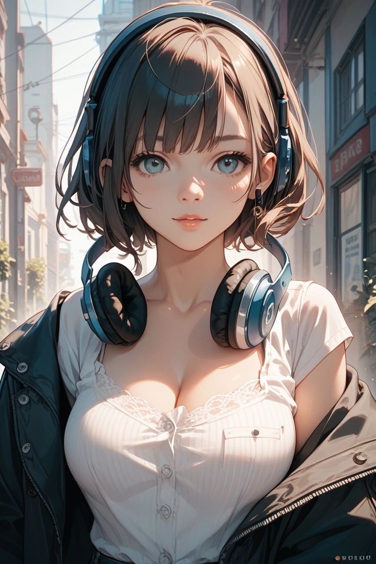 Girl wearing headphones,Brown Hair,1 person,bright,Detailed Background,masterpiece, Highest quality, Delicate skin, Blurred Background, Sumetal, Open the chest,
