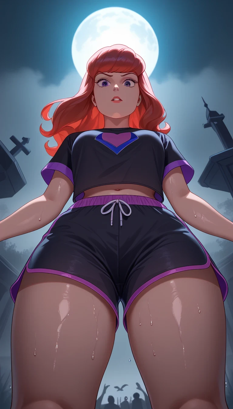 score_9, score_8_below,1 (Daphne Blake), long red hair (black top + blue dolphin shorts ), exposed legs , thick thighs , wet,focus only, low and front view,retrato de ângulo below, with cannabis theme ,in the cemetery, fog, nightlife ,colorful,2D