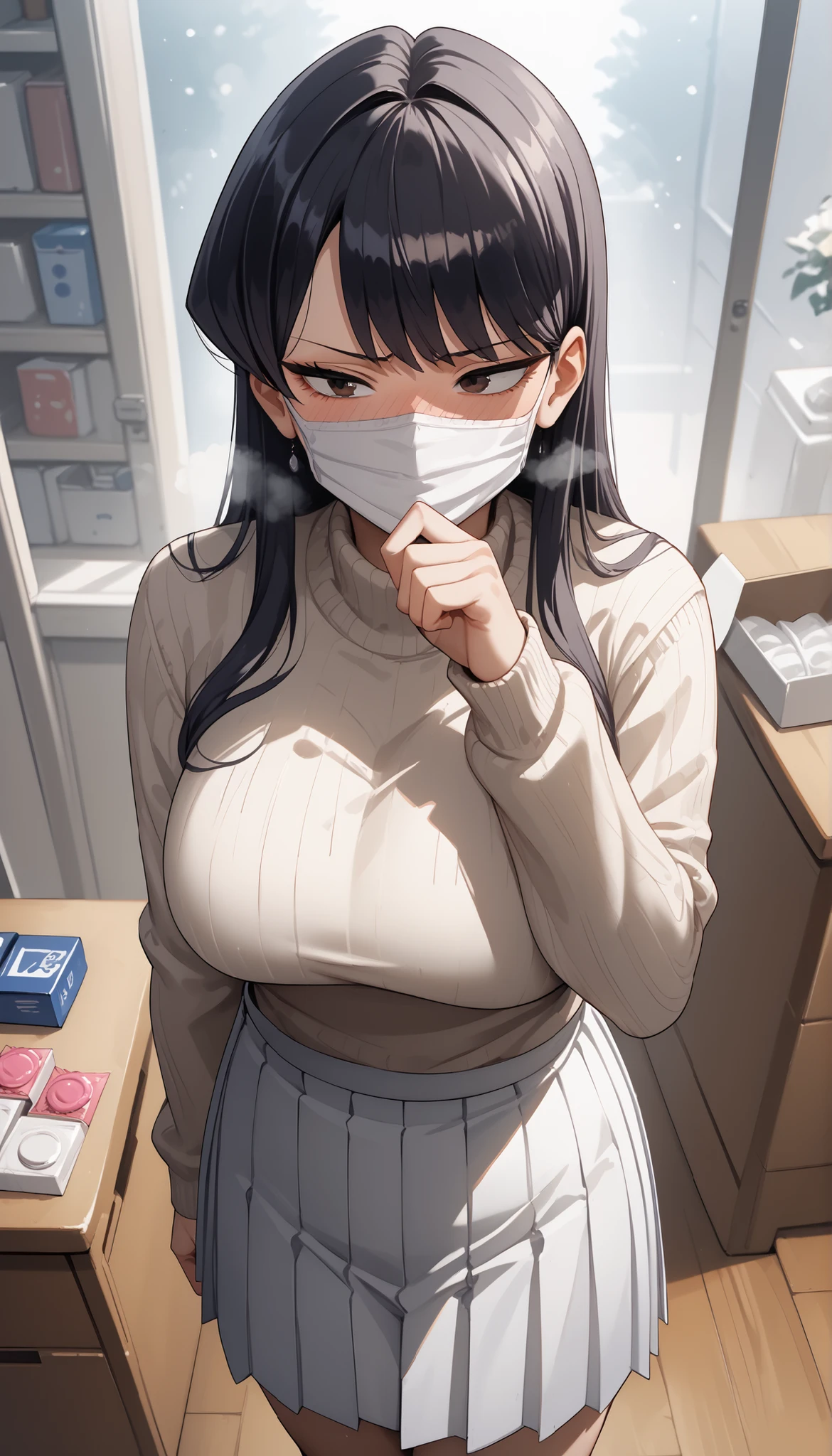 unaestheticXL_cbp62 Anime style character, source_anime, shouko komi, 1woman, Adult, mature woman, 20 years old, Cool anime girl, wearing a white mouth mask, sweater (long sleeve, olive color, casual:1.3), Twill Pleated Long Skirt (long skirt, pleated skirt, White skirt:1.3), b1ush, blush all over the face, steam, red face, embarrassed expression, disgusted face, jealousy, head rubbing, hand point of view (perfect anatomy, perfect proportion, perfect body shape:1.3), dark brown eyes, long hair, black hair, bangs, lob haircut, curvy body, thick, big breasts, G-cup breasts, (half body, medium shot, high angle, Looking away), (background:Waiting in line at the cashier, buying a box of condoms, with a black man, embracing a woman and holding a vibrator remote),