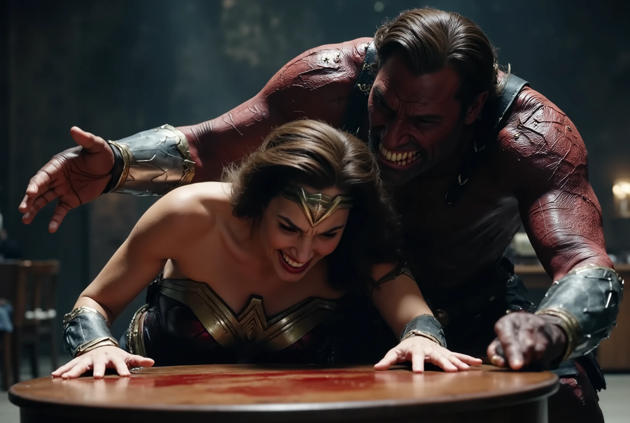 Gal Gadot as Wonder woman, both hands on table, she is bend over ,a monster doing sexual intercourse from behind, she's crying, she's in pain shouting, fierce monster fucking harder and harder,