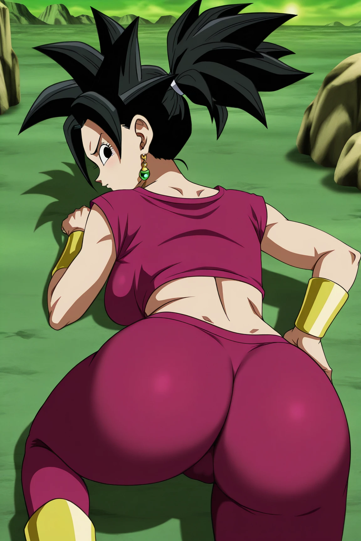 source_anime, highly detailed, score_9,score_8_up, score_7_up, dragon ball, dragon ball super, dbs, dbs Gine, Gine, Ginedb, anime screencap, beautiful face, wearing micro bikini, nsfw, nsfwart, full body, massive butt, massive chest, showing ass up, showing buttcrack, 2buttcheeks, perfect anatomy, triple ddd breasts, areola, nipples,
1girl, solo, big breasts, big , looking at viewer, smile, short hair, on grass land, blue skye, detailed background, wet skin, sweaty body, black hair, cleavage, bare shoulders, huge butt, huge breasts, closed mouth, upper body, retro artstyle, 1990s \(style\), blue Skye, black eyes, fingernails, hands up, bare arms, eyelashes, half-closed eyes, happy, own hands together, spiked hair, pink wristband, interlocked fingers, head rest, elbow rest, skimpy clothes, eyebrows, v-shaped eyebrows, (covering her private parts with her hands), big breasts, big ass, thick thighs, wide hips,