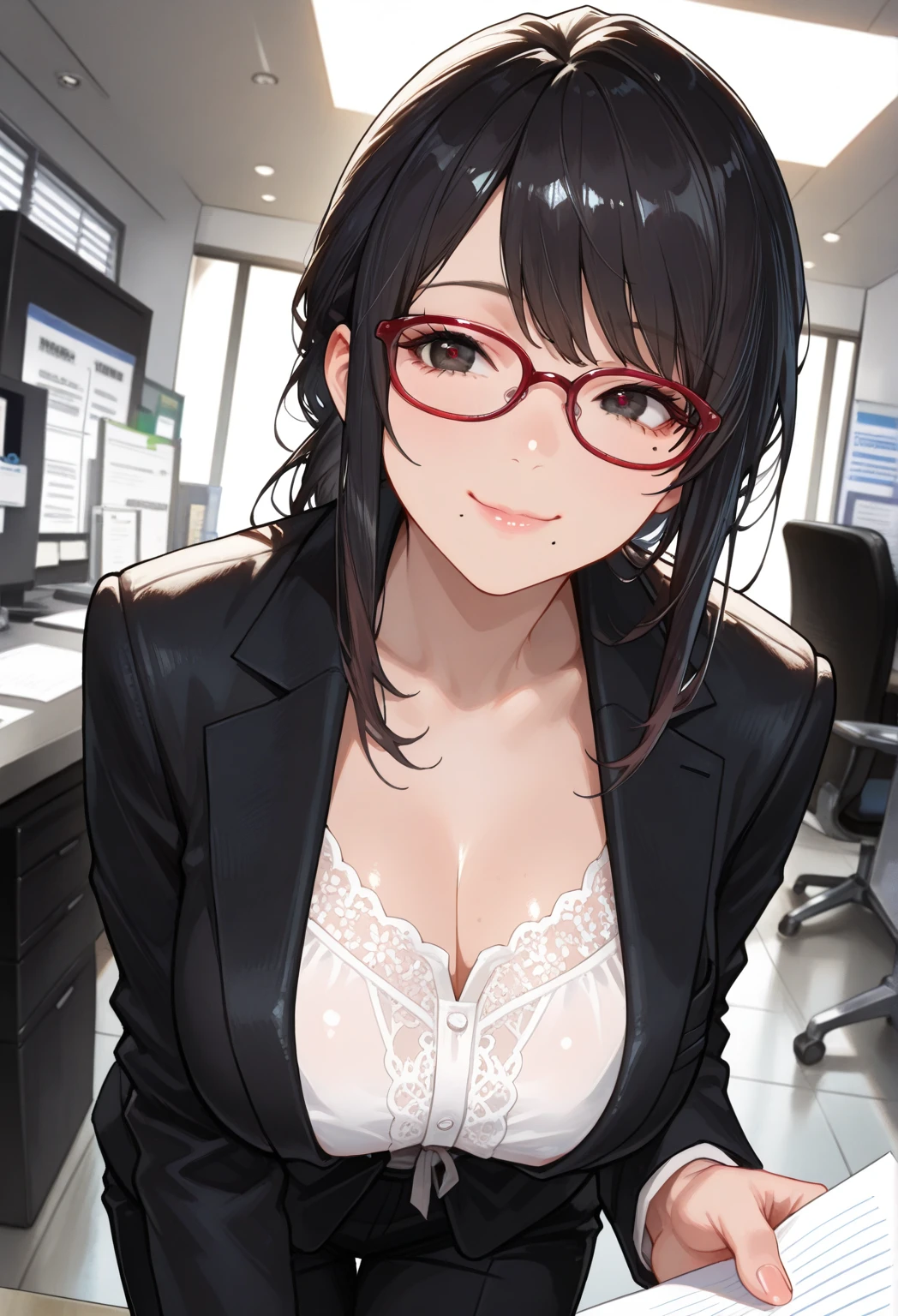 1girl, shimizu kiyoko, haikyuu!!, 35years old,make up,office lady,business suit,black blazer,longsleeve,white collared shirt,black tight skirt,glasses,office,sitting on the desk,typing the computer,in the working,pov,cleavage,masterpiece, best quality, absurdres,