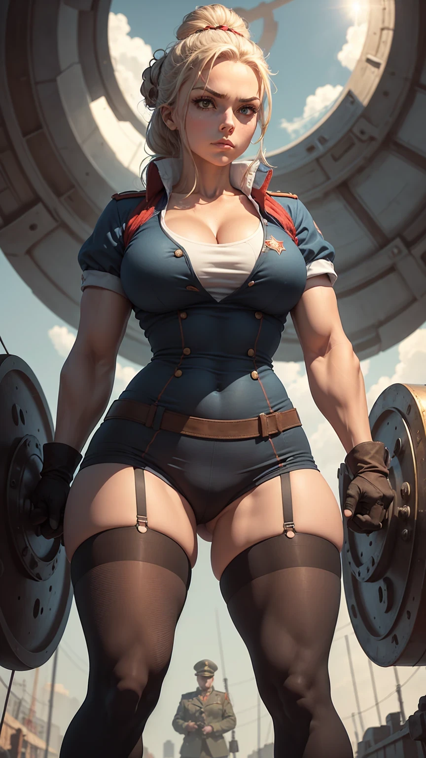 wearing the pantyhose and garter belt stockings and fishnet stockings,fleshy thigh ,thick thigh ,big round breasts,huge breasts ,perfect body;Bathed in the golden hues of dawn or dusk, a Soviet heroine stands resolutely beneath the shadow cast by a colossal Soviet flag, its red fabric billowing in the wind. Her eyes, filled with determination, meet the gaze of those around her, her healthy, sun-kissed complexion a testament to her hard work and resilience. Her hair, gathered simply in a bun at the nape of her neck, keeps it out of her face as she toils. Clad in the robust cotton work uniform of a Soviet laborer, her attire is both practical and symbolic. The deep blue or gray color of her clothes is punctuated by the bold red star or the iconic hammer and sickle emblem, symbols of the collective strength and unity of the working class. Multiple pockets line her uniform, each carefully designed to carry the tools of her trade, ensuring efficiency and readiness for any task at hand. Perched atop her head is a standard Soviet worker's cap, its red star gleaming against the sky. This cap is more than mere protective gear; it is a badge of pride and honor, representing her dedication to the state and the ideals it embodies. Her hands, shielded by thick work gloves, are the instruments of her labor, toughened by the rigors of her daily tasks yet safeguarded from harm by the sturdy material, sexy