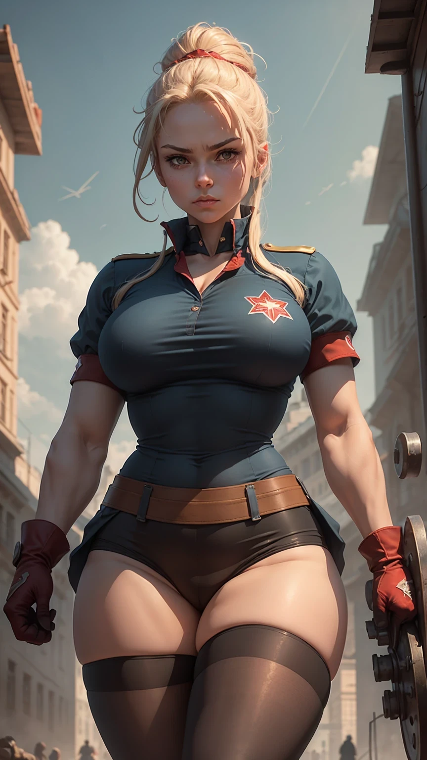 wearing the pantyhose and garter belt stockings and fishnet stockings，fleshy thigh ，thick thigh ，big round breasts，huge breasts ，perfect body；Bathed in the golden hues of dawn or dusk, a Soviet heroine stands resolutely beneath the shadow cast by a colossal Soviet flag, its red fabric billowing in the wind. Her eyes, filled with determination, meet the gaze of those around her, her healthy, sun-kissed complexion a testament to her hard work and resilience. Her hair, gathered simply in a bun at the nape of her neck, keeps it out of her face as she toils. Clad in the robust cotton work uniform of a Soviet laborer, her attire is both practical and symbolic. The deep blue or gray color of her clothes is punctuated by the bold red star or the iconic hammer and sickle emblem, symbols of the collective strength and unity of the working class. Multiple pockets line her uniform, each carefully designed to carry the tools of her trade, ensuring efficiency and readiness for any task at hand. Perched atop her head is a standard Soviet worker's cap, its red star gleaming against the sky. This cap is more than mere protective gear; it is a badge of pride and honor, representing her dedication to the state and the ideals it embodies. Her hands, shielded by thick work gloves, are the instruments of her labor, toughened by the rigors of her daily tasks yet safeguarded from harm by the sturdy material.