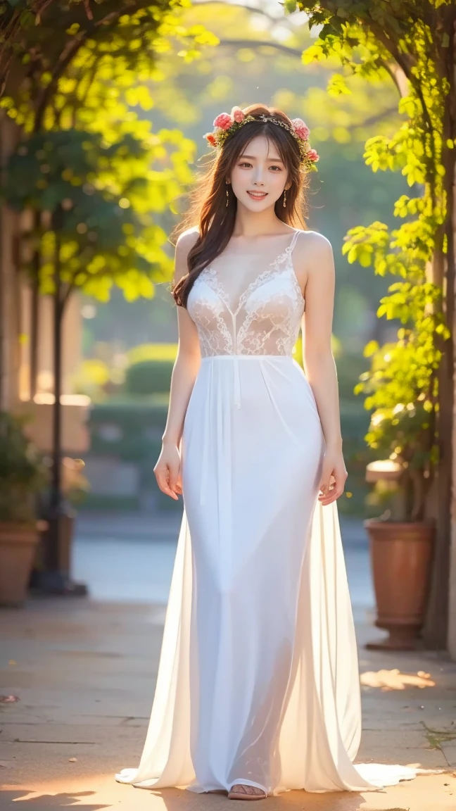 (Photorealistic), (Ultra High Realistic), (Ultra High Definition), (Ultra High Detailed), (Increase the contrast:1.5), (Increase the Saturation:1.5), (1girl), beautiful face, cute face, Face Slimming, Japanese young girl, semi long curly hair, (light Brown hair), ((Slimmer)), ((Waist Slimming)), ((Small buttocks1.5)), ((Slimmer Legs:1.5)), (small Breasts:1.3), (Cleavage:0.8), ((Short -length wedding dress)), (((Model pose in the garden of Elizabeth Palace))), movie lighting,