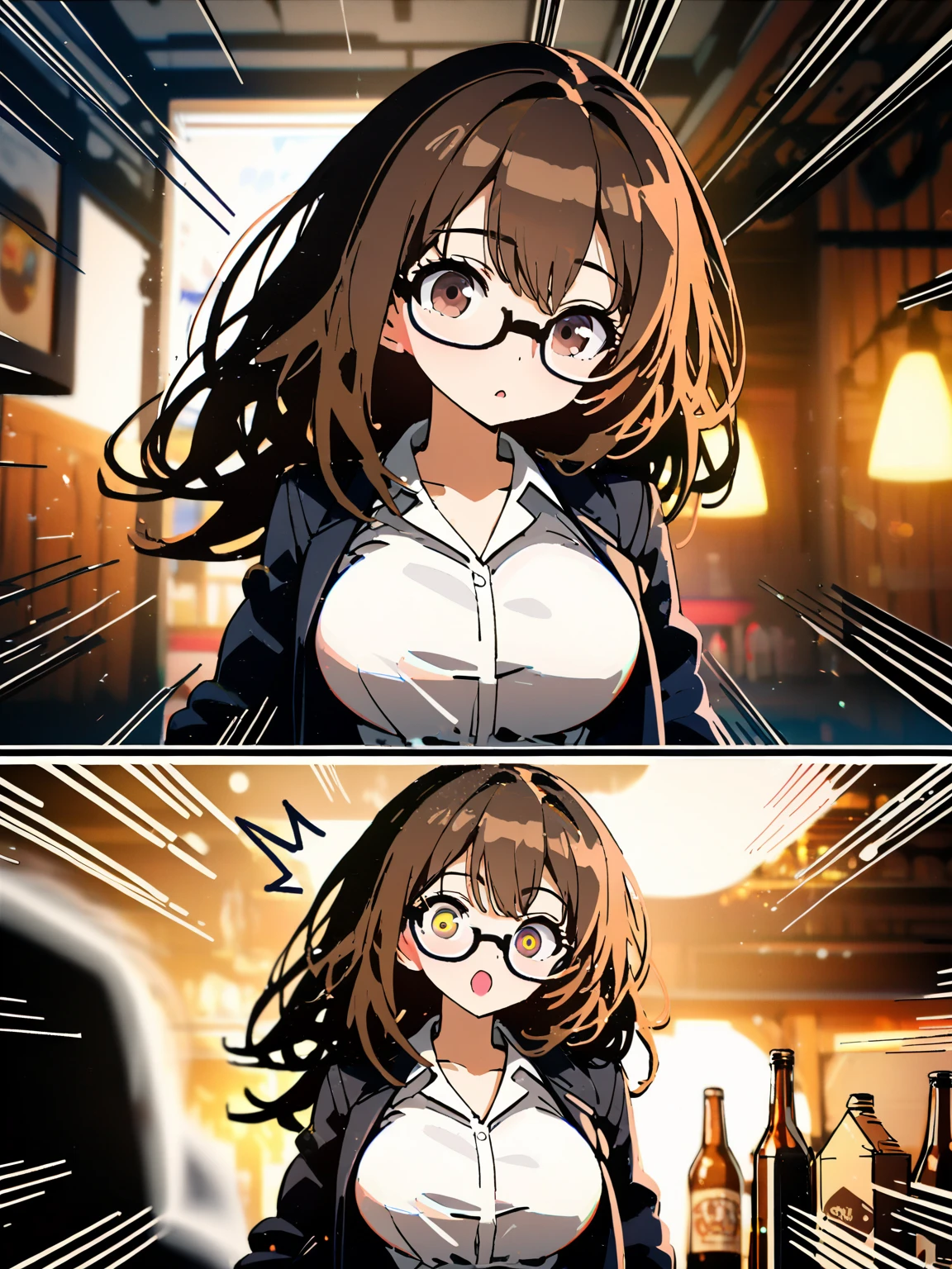 detailed illustration, dynamic angle, ultra-detailed, illustration, 1girl, 1, school girl, white blouse, blue plaid skirt, cleavage, wavy brown hair, long hair, bright brown eyes, cleavage, chopsticks, sushi, restaurant, wide eyes, shocked eyes, gasping, shock, amazed, confused, dazed, awe, nigiri