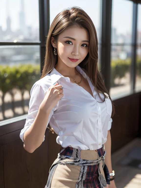 8K, Tabletop, RAW Photos, Highest quality, Realistic, 非常に詳細な CG Unity 8K 壁紙,  (Very beautiful face, Beautiful Lips, Beautiful Eyes), Exquisitely detailed face, ((Highly detailed skin)) One Girl, Cute Korean Girl, K-Pop Idols, 1 Girl, (Very slim and slender fit muscular body:1.3), ((View your viewers)),(Big smile:1.3), Beautiful earrings, bracelet, necklace, pantyhose, Clear Eyes, (Tan Skin), (Big eyes), Look forward, (Brown long hair), (Full Body Shot), ((See-through shirt)), ((White business shirt)), , (View your viewers:1.3) Open chest, Very slim, huge , (((Tight mini skirt))), Thick thighs, Nature background、