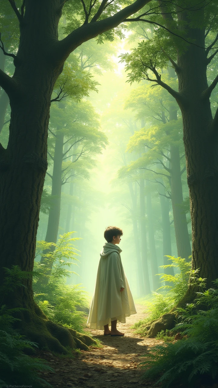 Standing in the middle of a peaceful forest clearing, the boy - SeaArt AI
