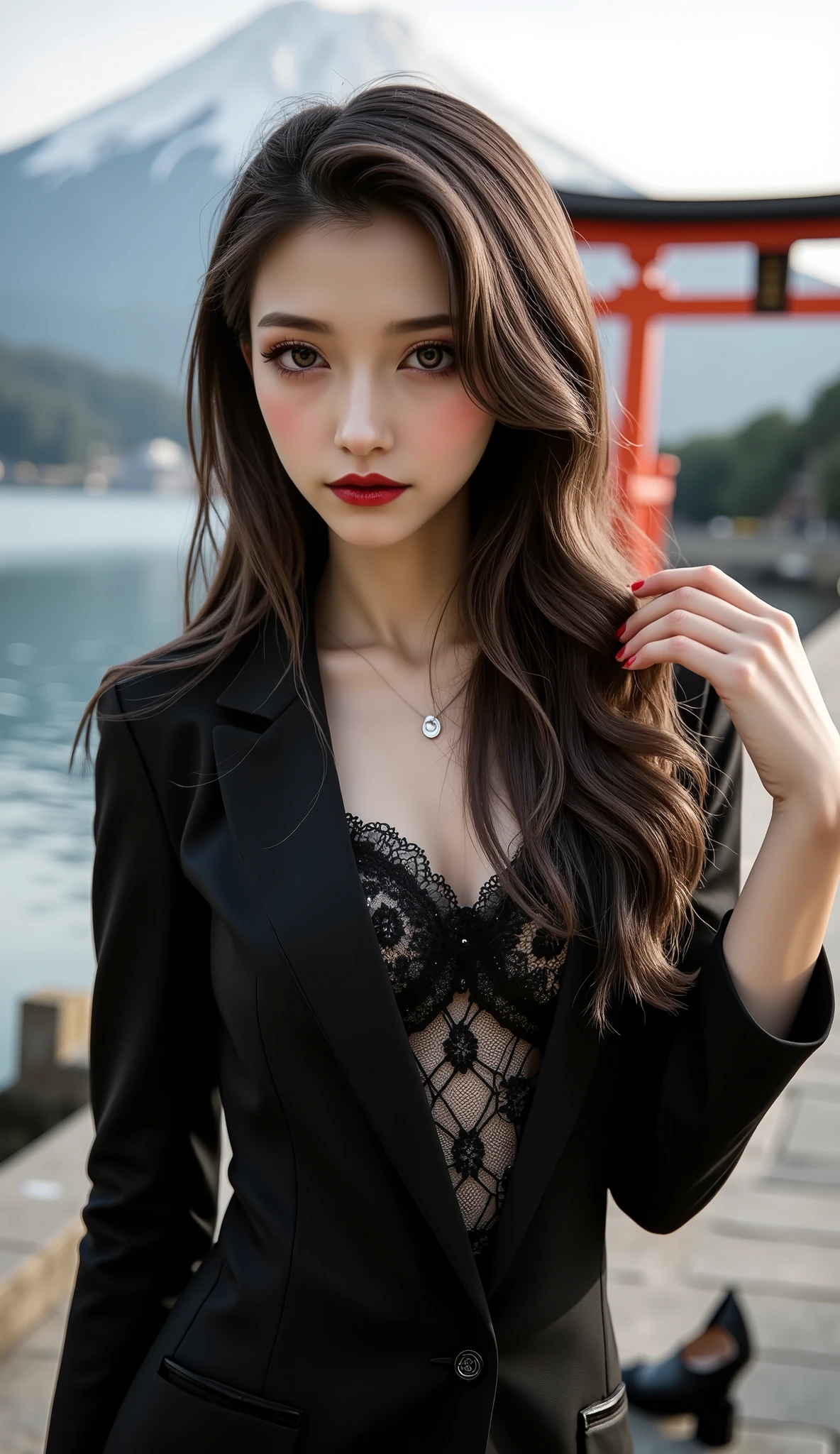 (best quality,4k,8k,highres,masterpiece:1.2),ultra-detailed,realistic,photorealistic:1.37, beautiful detailed eyes, beautiful detailed lips, extremely detailed face, long eyelashes, intimate view, classic oil painting, soft lighting, vibrant colors, warm tones, atmosphere, young and beautiful 19 year old Serbian girl, slim and slender, timid expression, random hairstyle, random hair colour, flawless skin texture, perky, gentle breeze, sexy and feminine pose, light smile, wearing winter coat, black lingerie, walking on bridge on a river, winter time, sunrise, {{{Front POV}}}.