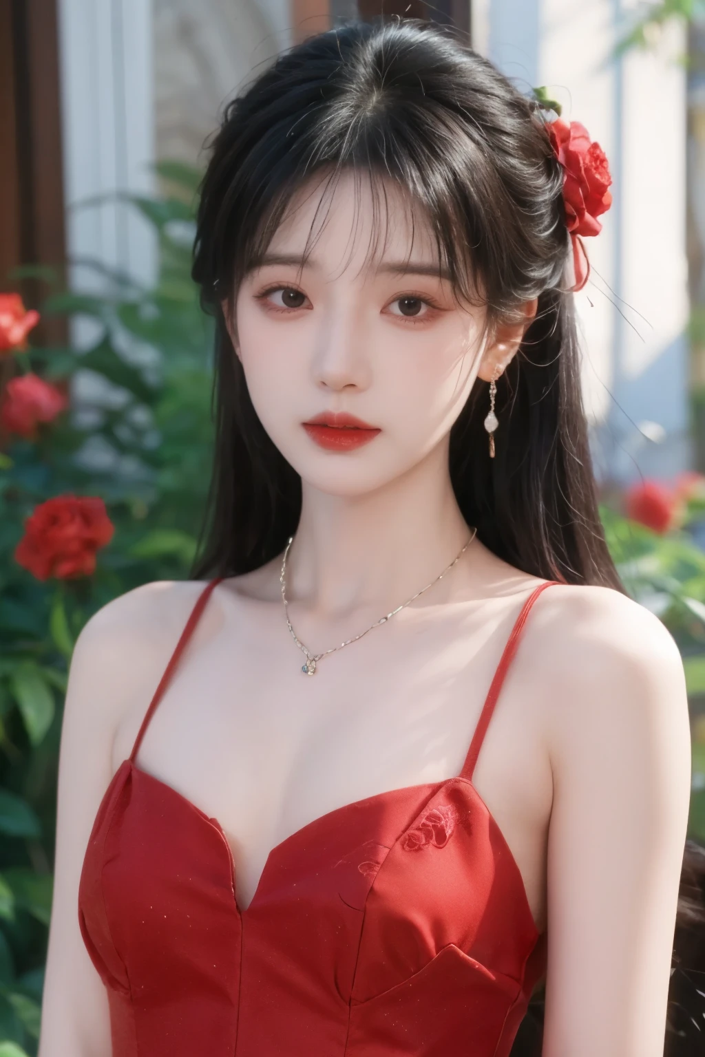 ( masterpiece, highest quality:1.2), 8,000, 85 mm, original photo, confuse, hair, red ombre dress, Delicate girl,shiny skin, , watching the audience, HDR, clear focus, shiny skin, small eyes and face , Rose background, Surrounded by roses、earrings、 necklace、clavicle、Straight long hair、Big breasts, sun,Man in a bunch of roses