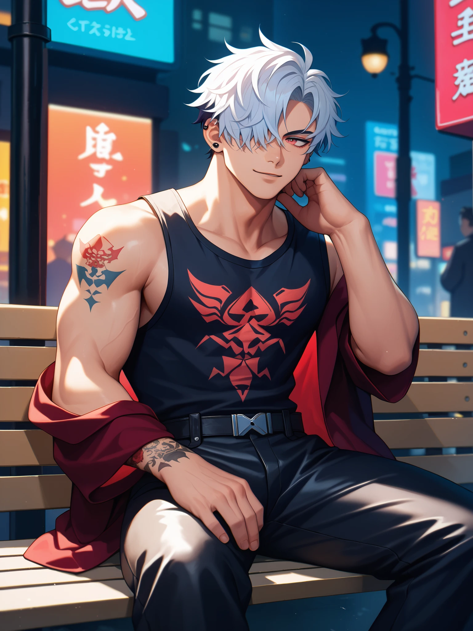 Male, solo, topless, nice body , white short hair, red eyes, a big tattoo