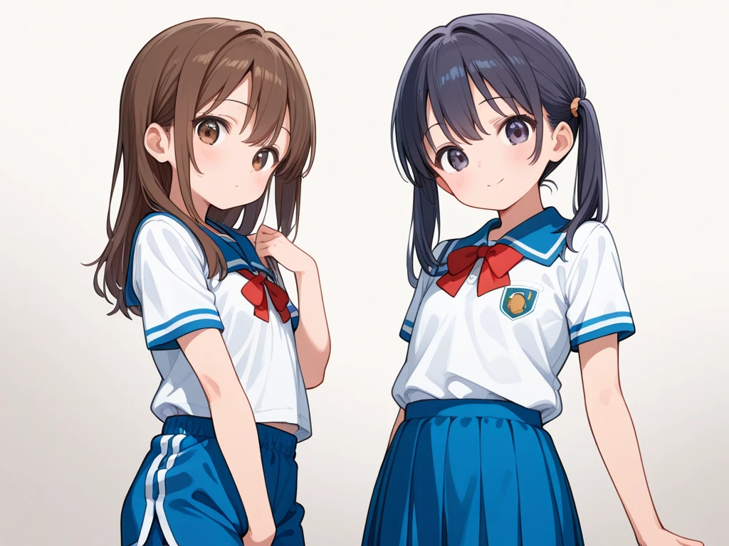 ((2人の女の子))((student, junior high school uniform, in uniform, distinctive, youthful))  ((lift skirt)) ((gym shorts)),黒髪、微笑む