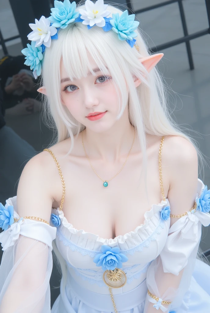 1Female elf, beautiful and charming in medieval fashion trend, full body: 1.6, holding flowers, random hairstyle, pointed ears, sitting under a tree, by the river, tight dress random color, light silver armor, upper back, wind blowing hair, blue sky and white clouds, delicate sexy collarbone, covering the chest, charming goose egg face, double eyelids, intelligent peach blossom eyes, pink lips, small upturned nose, bare shoulders, focused face, close up face, ultra-high definition, super detail, ultra-fine translucency, cool and good, transparent, pink