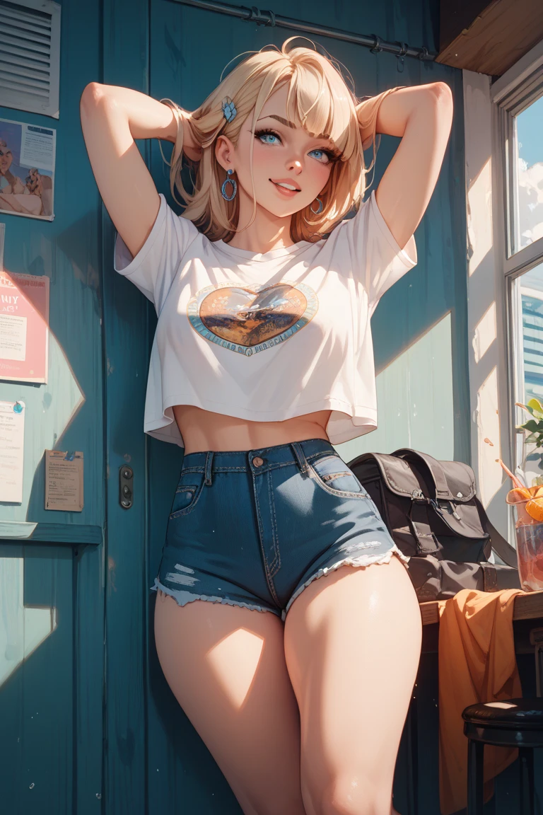 1girl, transparent white summer look, jeans shorts, straw hat, bare feet, (9 years old), (young), slender Lolicon body, thin limbs, thin thighs, short stature, small ass, no breasts, (flat chest), blonde hair, olhos azuis, corpo inteiro, Style-Petal, Trees background, dia ensolarado, olhos perfeitos, perfect hands, ultra high-resolution, cinematic angle, professional lighting, best quality, master part, side-lighting, Sharp, Foco perfeito, Bokeh, fotorrealista, (belos olhos finamente detalhados: 1.3), Realistic, (Rosto 3D:1.1), (Pele Lustrosa:1.5), (ultra high res intricate face details), (poros da pele do rosto:1.3), ultra high res cloth texture, Detalhes do olho 8k, 8K Alunos,