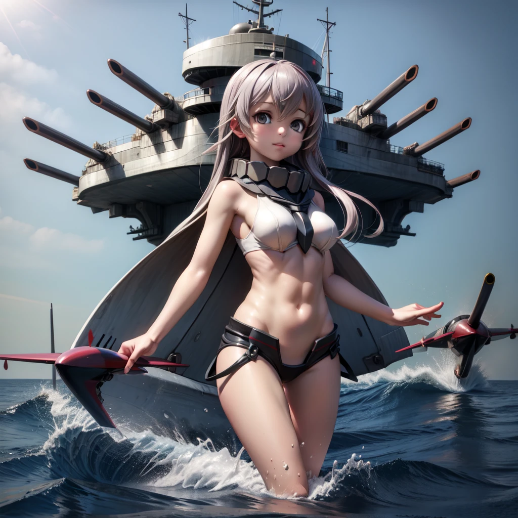 Multiple girls, der riese art, 非常に詳細なder rieseショット, der riese, Shorthair, Giant woman bigger than a skyscraper, Wearing rimless glasses, Colossal tits, Big ass, Bikini swimwear, i'm playing with the small aircraft carriers and battleships of the dwarf country., Full body depiction, nffsw, giga der riese, der riese, crashed aircraft carrier, small aircraft carrier, small aircraft carrier,